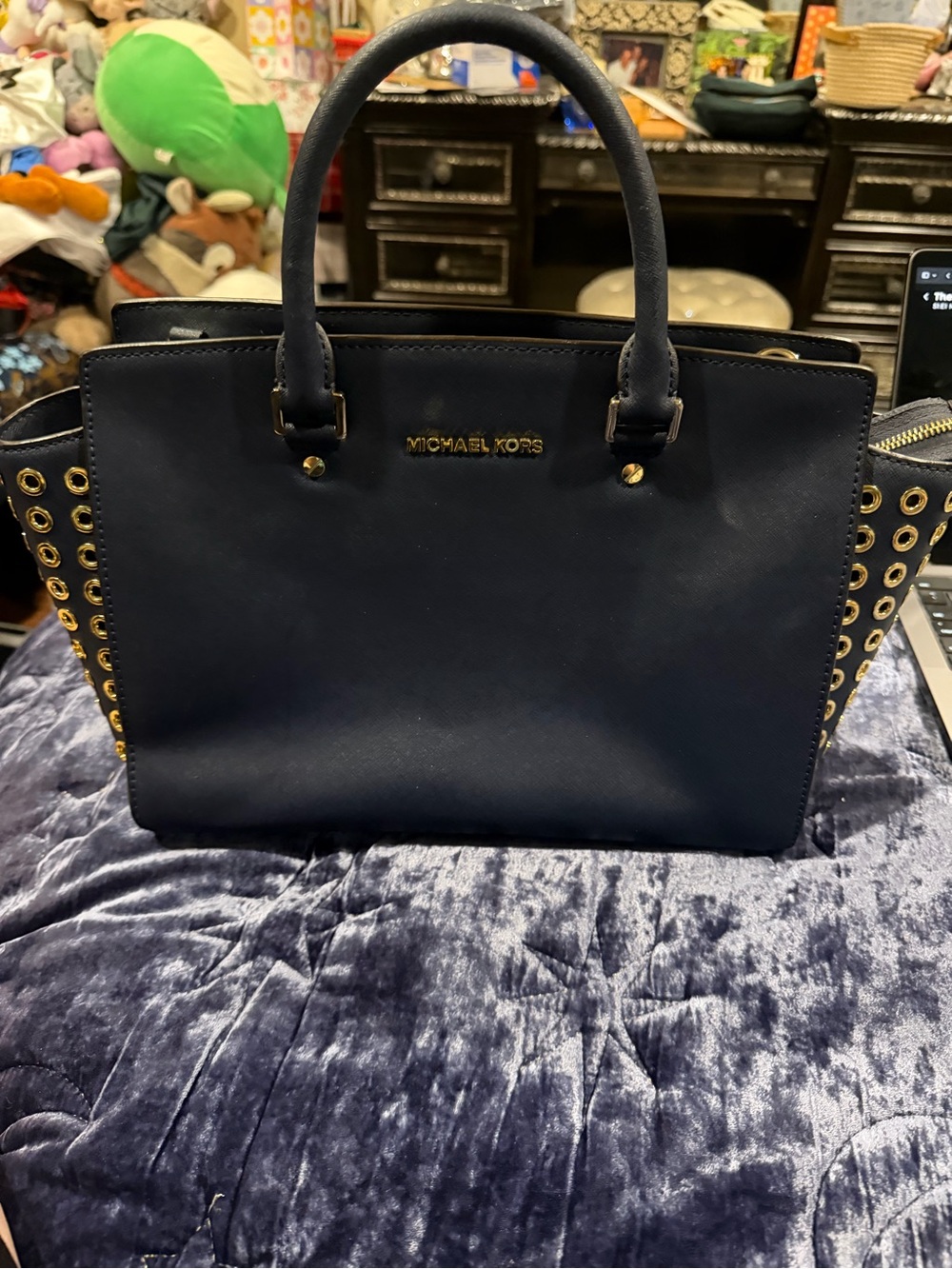 Michael Kors Navy Saffiano Tote with Gold Grommet Accents - Picture 2 of 4